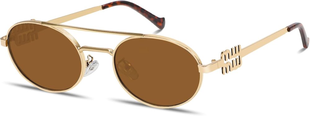Retro Oval 90s Metal Sunglasses for Women,  Trendy Chic Narrow Gold Sun Glasses Fashion Sunnies
