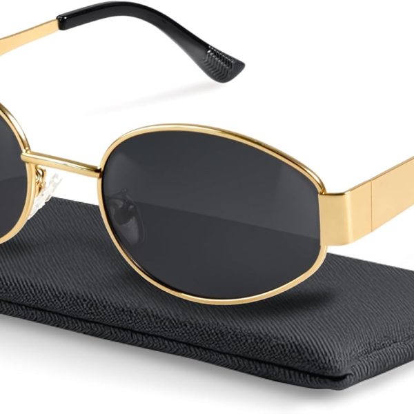 Retro Polarized Sunglasses - UV400 Protection, Oval Shape, Metal Frames - Matching Soft Case Inlcuded